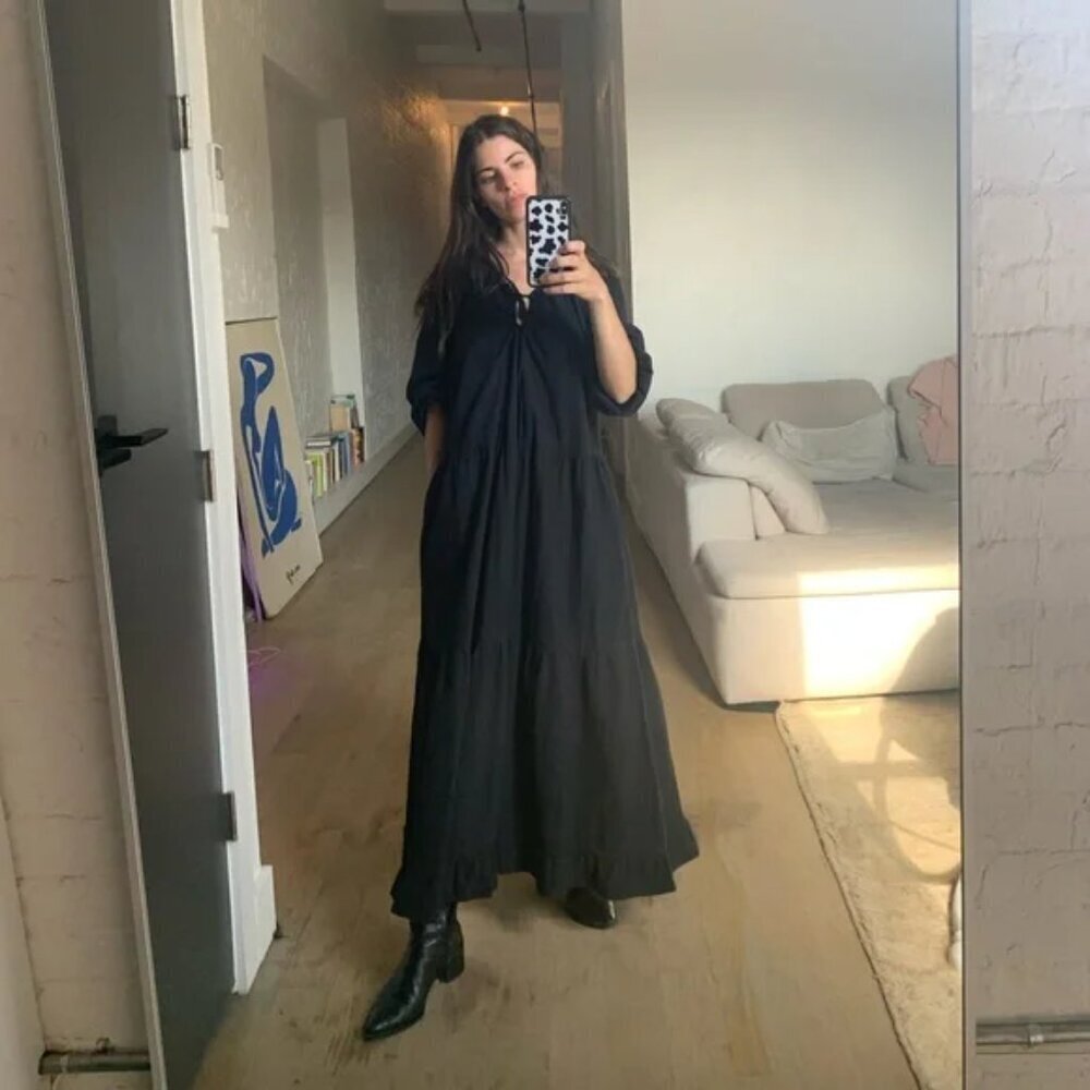 LACAUSA 100% Cotton Black Midi Dress Size XL boho laggenlook chic cottage retro